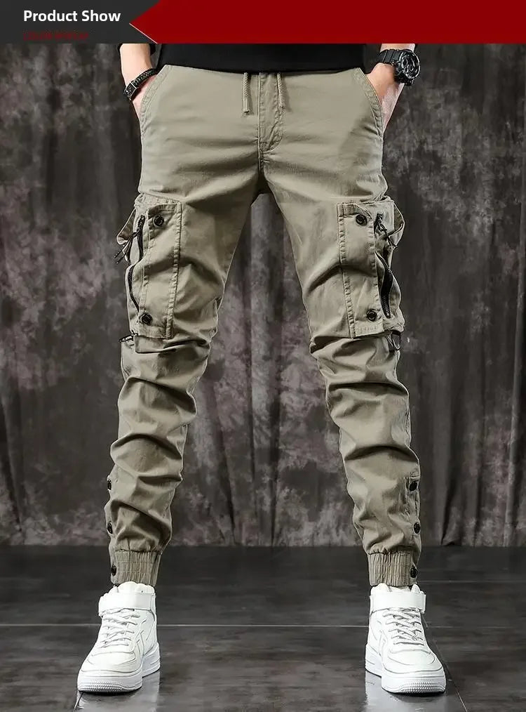 Pantalones Cargo de moda para hombre, pantalones ajustados de estilo informal, holgados, estilo americano, pantalones de pie pequeños con múltiples bolsillos, color negro, primavera y otoño