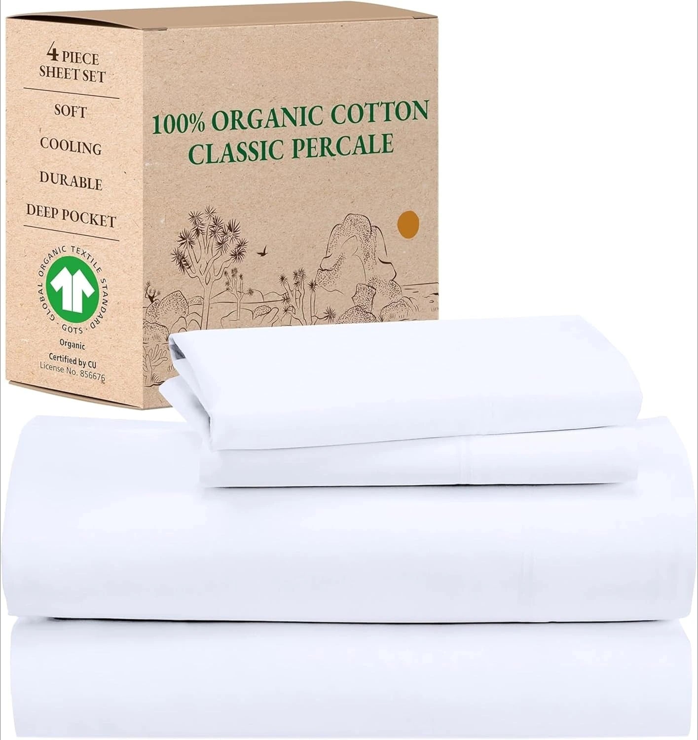 Juego de sábanas California King: sábanas suaves 100% algodón orgánico con bolsillos profundos, juego de cama transpirable y duradero de percal crujiente