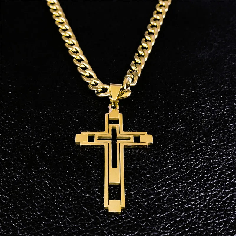 Collares de cadena de acero inoxidable con cruz de Hip Hop, collar con colgante largo de Color dorado para mujeres/hombres, joyerÃÂa para hombre N6055S05 2024