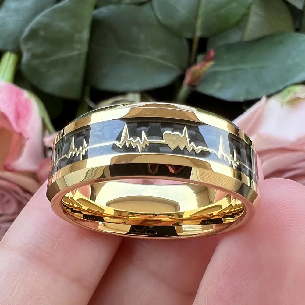 Anillos de compromiso de carburo de tungsteno con incrustaciones de corazón de fibra de carbono negra de 8mm a la moda, alianzas de boda con cúpula, pulido, brillante, ajuste cómodo