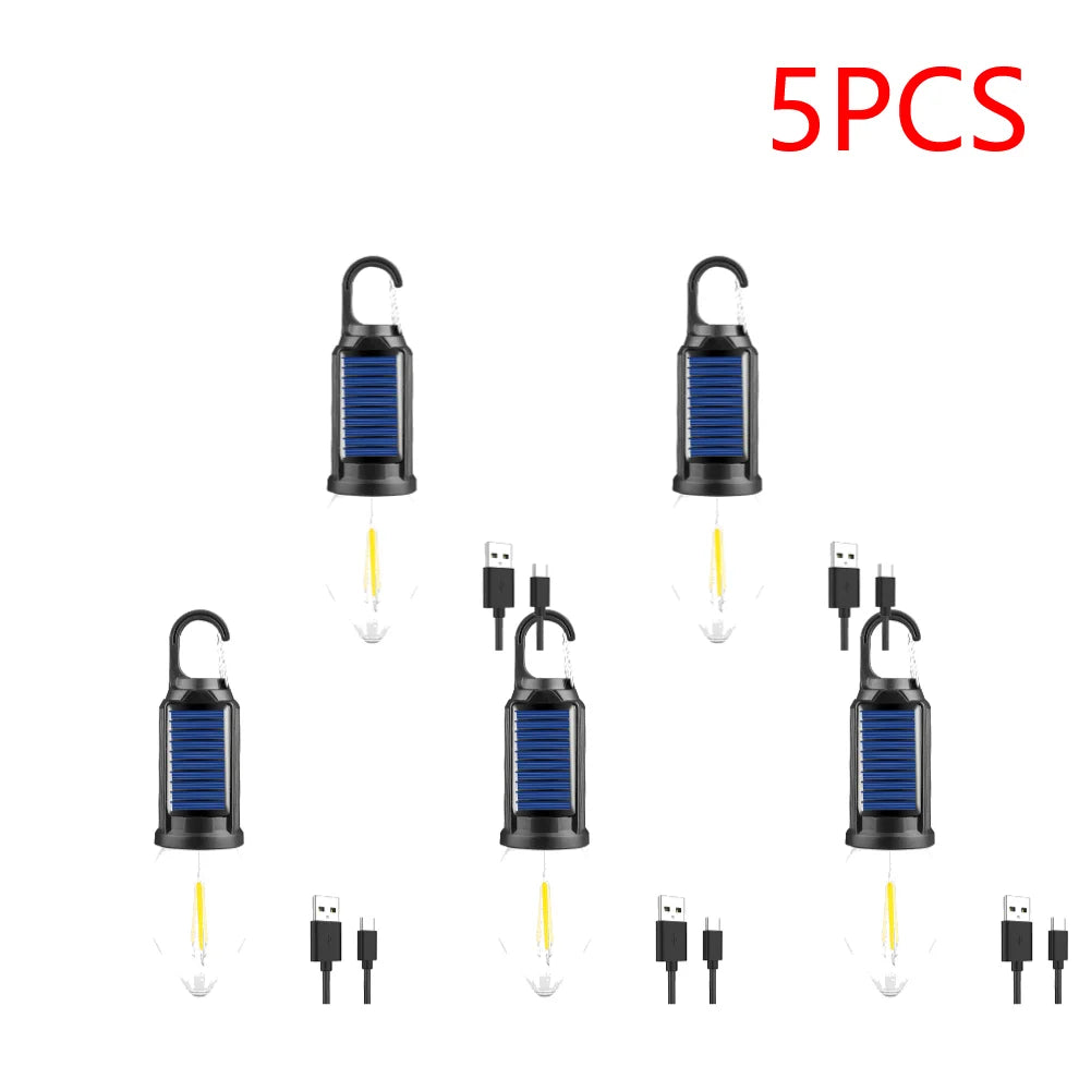 Linterna de iluminación LED con energía Solar, luz de tienda para exteriores con carga USB, impermeable, luz de ambiente para barbacoa, para acampar al aire libre, 2-5 uds.