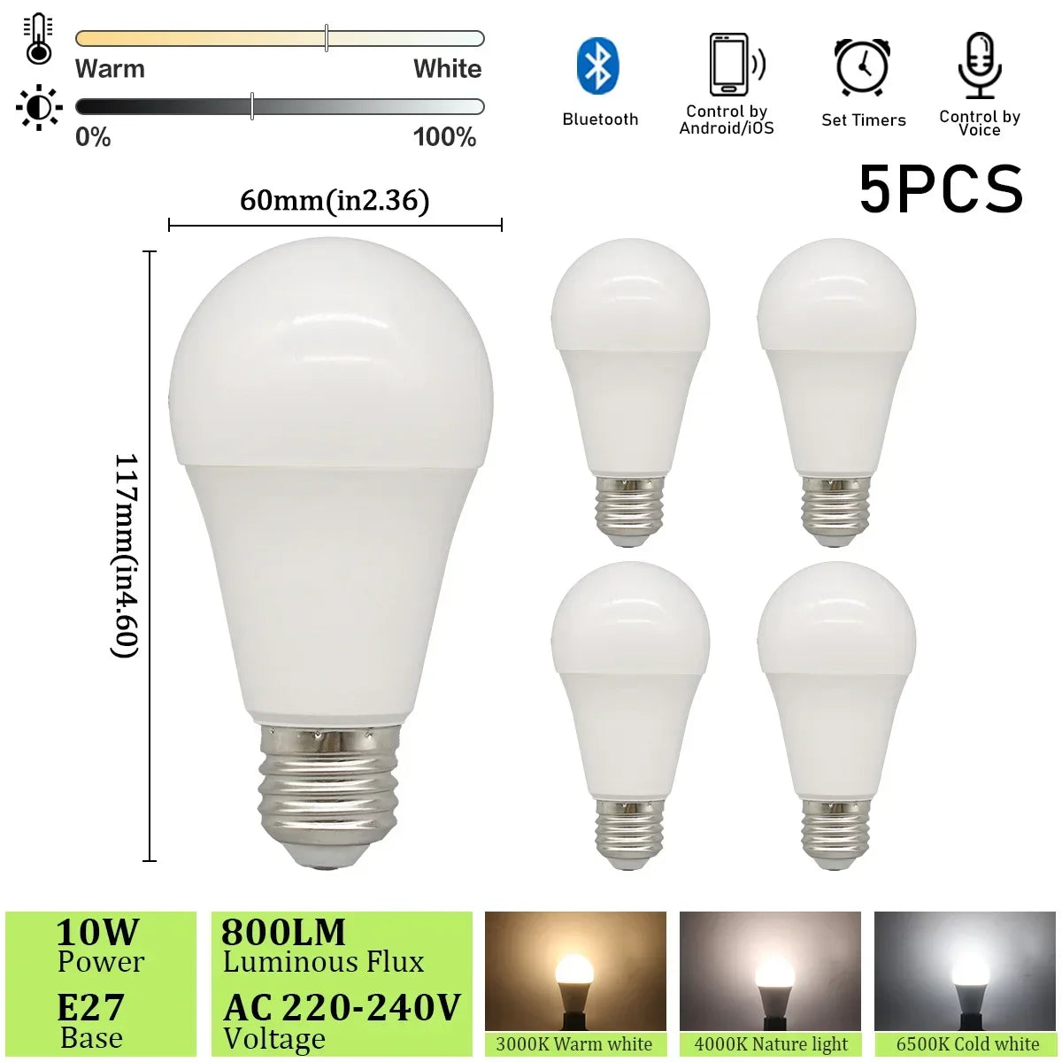 1-20 piezas regulable Bluetooth LED bombillas inteligentes aplicación E27 3000K-6500K iluminación 10W 220V 230V para dormitorio hogar Derec