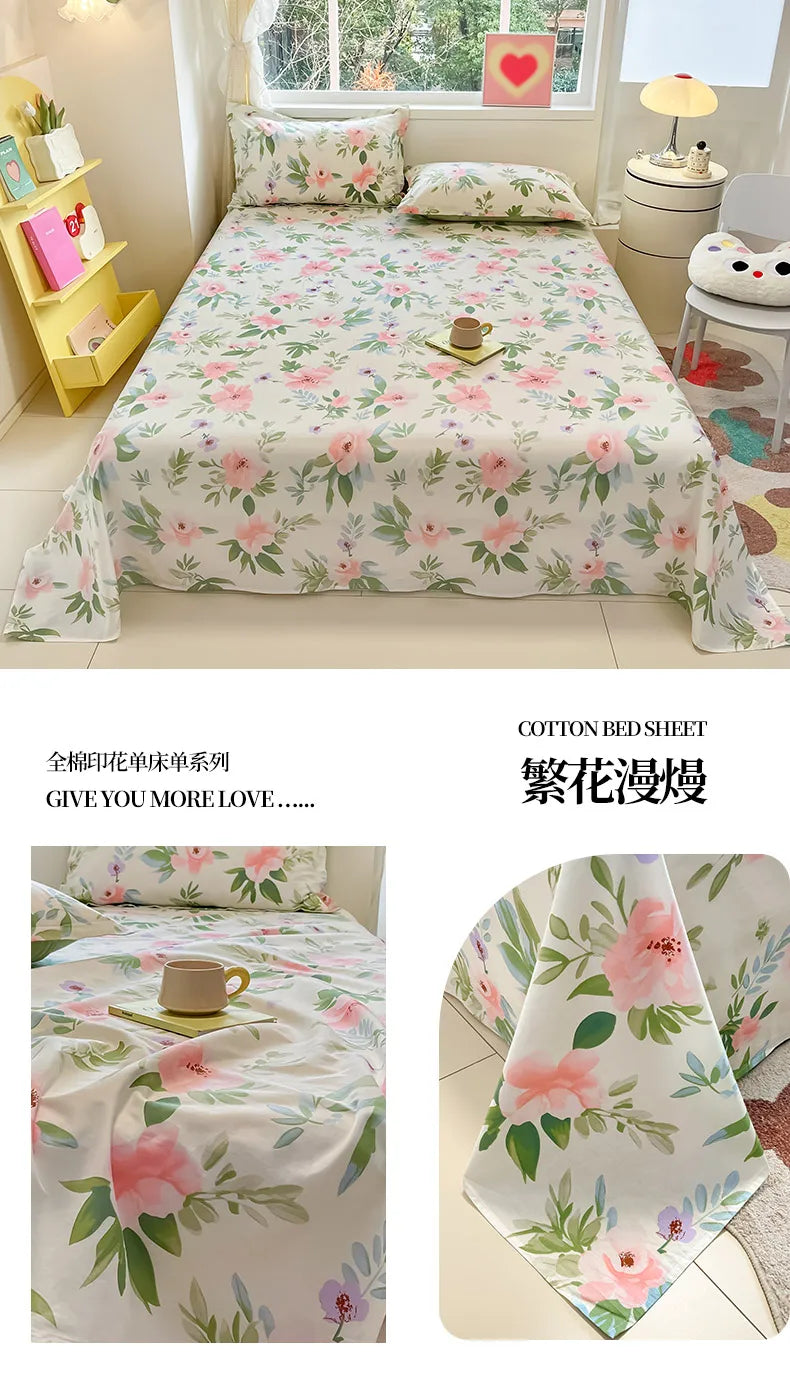 Sábana de algodón 100% con estampado de flores, sábanas dobles para niñas y niños, ropa de cama individual Queen King Size, 1 Uds.