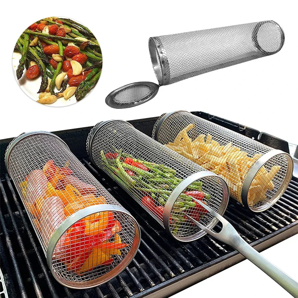 Cesta para parrilla de barbacoa, cesta rodante para asar, jaulas para barbacoa, parrilla cilÃndrica, cestas para asar para acampar al aire libre