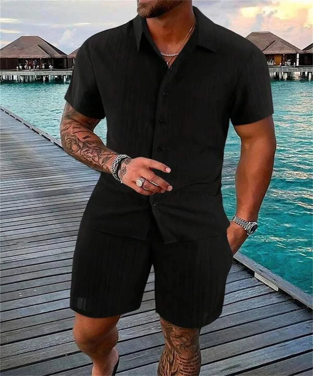 Pantalones cortos sueltos de manga corta para hombre, traje deportivo a rayas, Top informal de Fitness, pantalones cortos de playa, tendencia de moda de verano