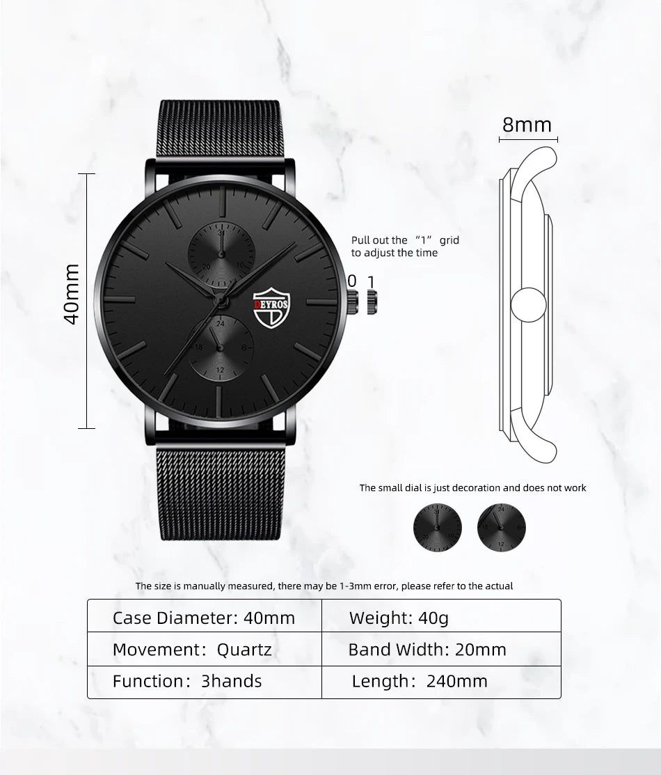 Reloj de pulsera de cuarzo de moda ultra fino para hombre reloj de pulsera de cuarzo de lujo negro de malla de acero inoxidable reloj de hombre