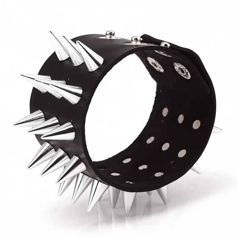 Tres filas Cuspidal Spikes remache Stud puño ancho cuero Punk gótico Rock Unisex brazalete pulsera hombres joyerÃÂa
