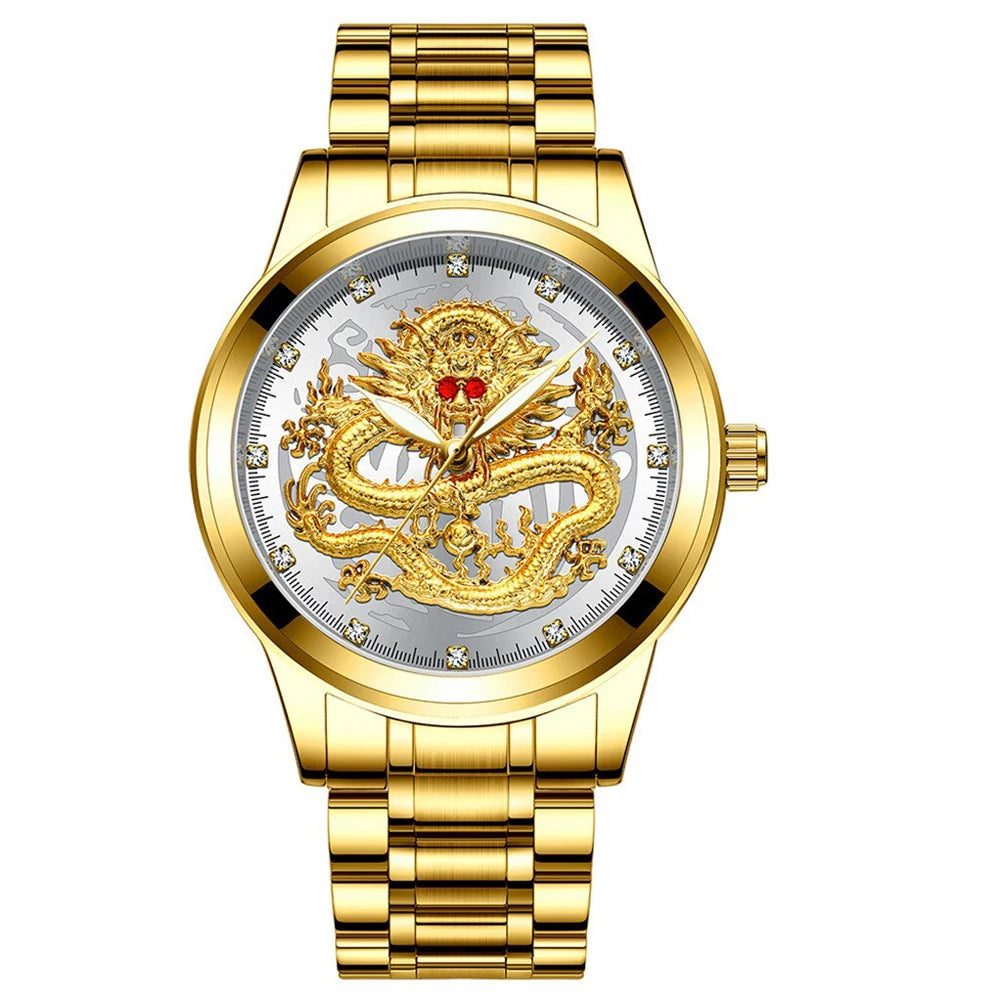 POSHI-reloj de cuarzo de acero inoxidable para hombre, cronógrafo de lujo con diseño Original de dragón dorado, resistente al agua