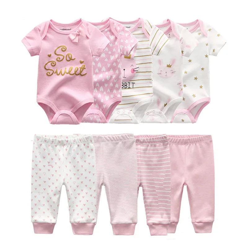 9 unids/lote monos Unisex para recién nacidos + pantalones conjuntos de ropa de algodón de dibujos animados ropa para bebé (niño o niña)