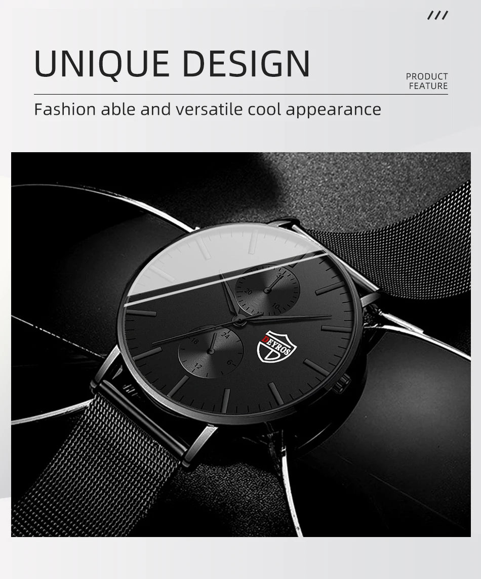 Reloj de pulsera de cuarzo de moda ultra fino para hombre reloj de pulsera de cuarzo de lujo negro de malla de acero inoxidable reloj de hombre