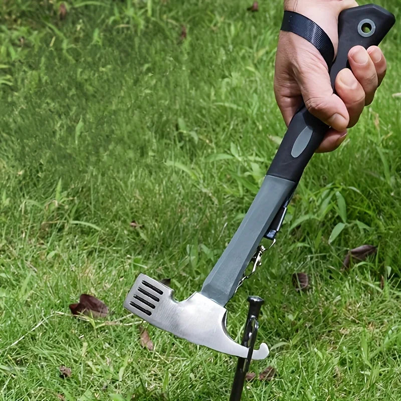 Martillo multiusos para acampar de alta resistencia con removedor de postes de tienda y cinturón de agarre de seguridad, herramientas esenciales para acampar y hacer senderismo al aire libre