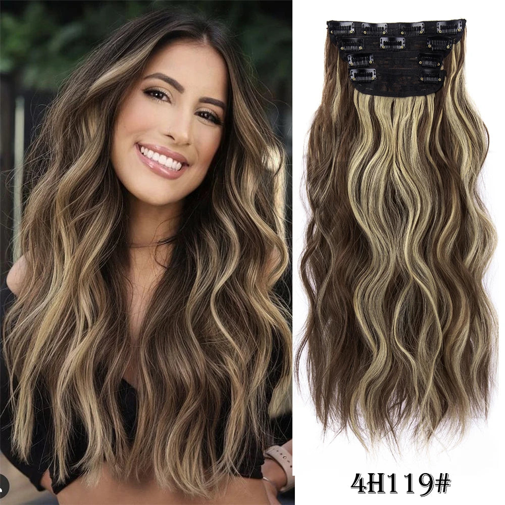 4 unids/set 20 pulgadas Clip de pelo sintético en postizos gruesos y largos ondulados para mujeres extensiones de cabello sintético de cabeza completa postizos ombré