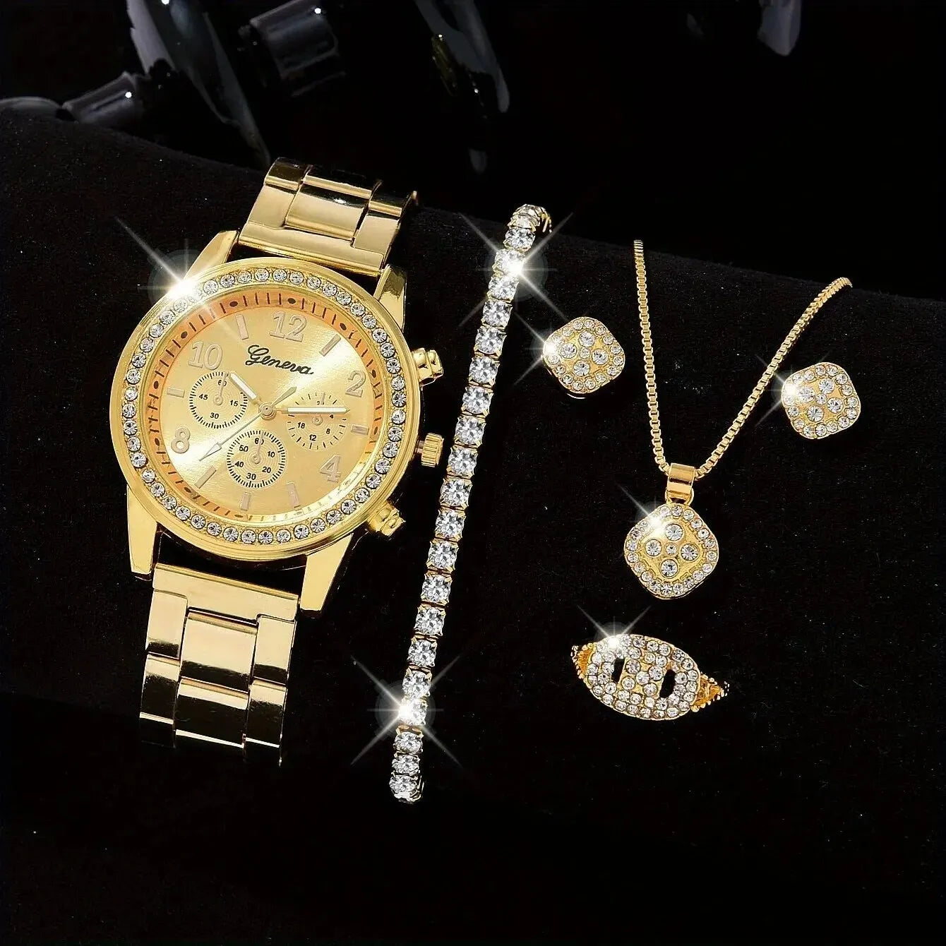 Juego de 5 piezas de reloj de oro para mujer, anillo de lujo, collar, pendientes, diamantes de imitación, reloj de pulsera de moda, relojes casuales para mujer, conjunto de pulsera