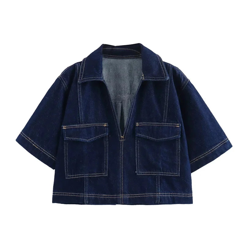 TRAF-Camiseta vaquera azul para mujer, camisa recortada de manga corta, Tops cortos de verano para mujer, ropa de calle Y2k, blusa elegante para mujer