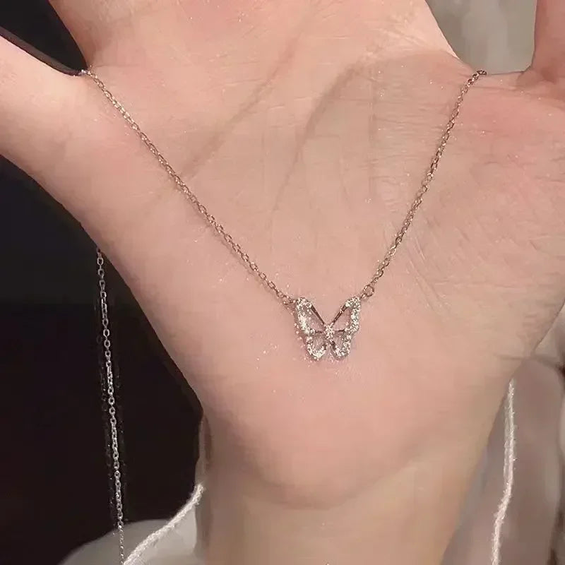 Collar de mariposa de plata para mujer, collar con colgante de circón de cristal para mujer y niña, collar de cadena de cristal, joyerÃa de fiesta