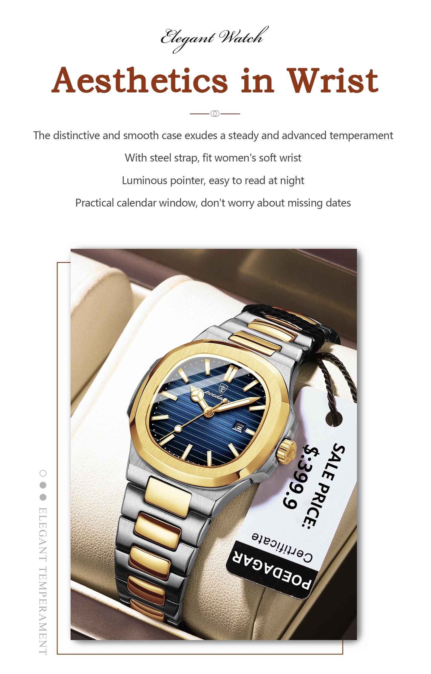 Reloj POEDAGAR cuadrado de lujo para mujer, reloj de pulsera resistente al agua con fecha luminosa para mujer, relojes de cuarzo de moda de acero inoxidable para mujer