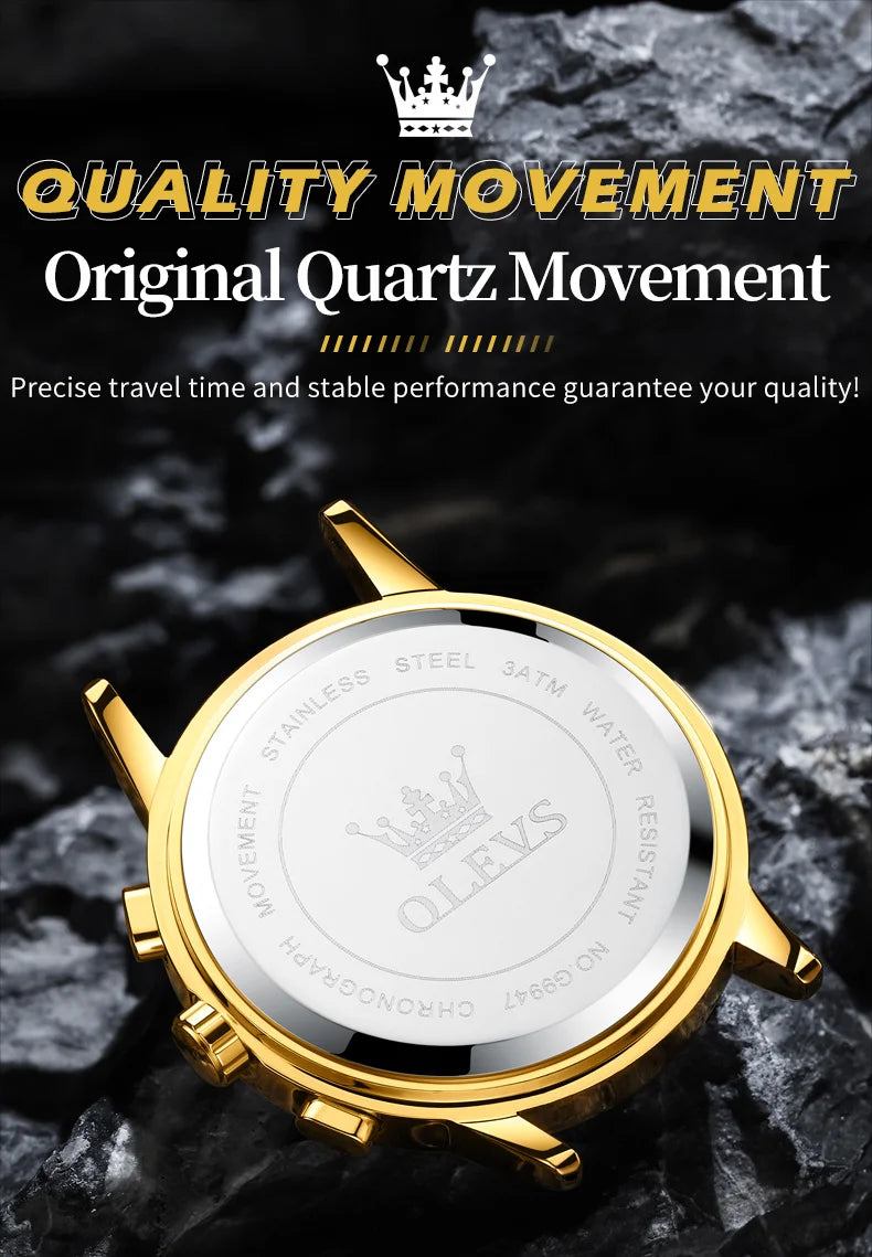 OLEVS-reloj de cuarzo para hombre, cronógrafo de marca superior de lujo, Original, resistente al agua, estilo esqueleto dorado, 24 horas, dÃÂa y noche, nuevo