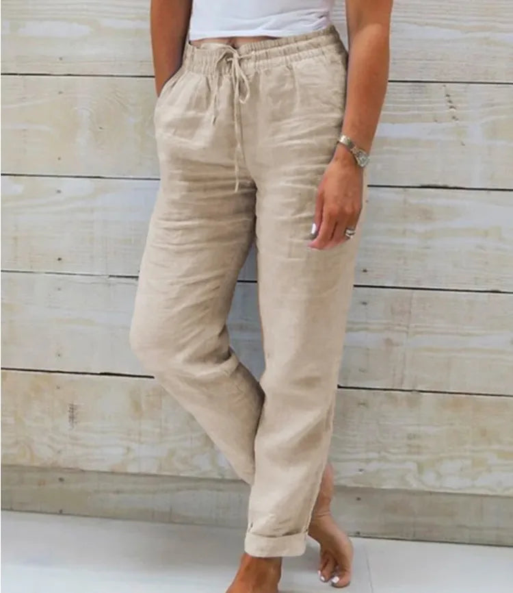 Pantalones de verano de lino y algodón para mujer, pantalones informales elásticos de cintura alta, ropa de calle lisa para mujer, pantalones pitillo holgados 2024