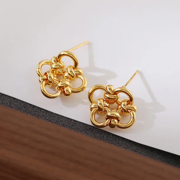 Plata de Ley 925 auténtica pendiente de trébol con nudo hueco de oro de 18K para mujer, joyería fina minimalista, accesorio de planta de moda