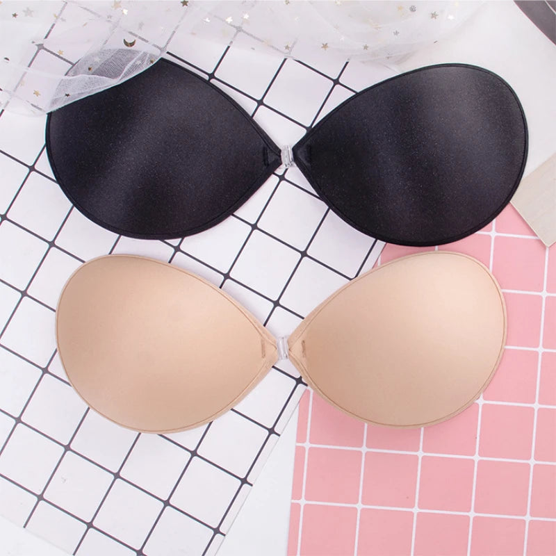 Sujetador Push Up Invisible para mujer, autoadhesivo de silicona, cierre frontal, piel negra pegajosa, sin espalda, sin tirantes, sin costuras