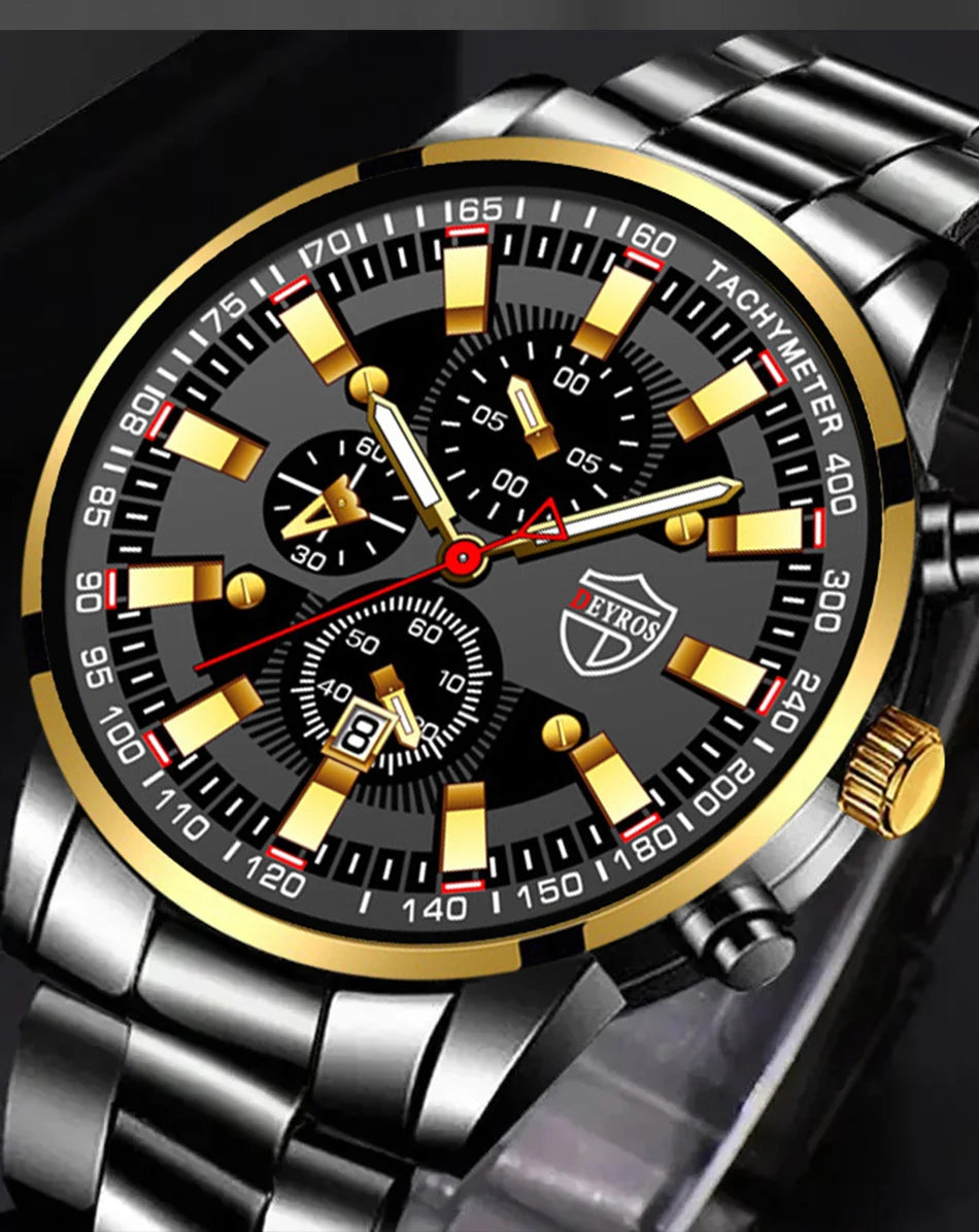 Reloj de cuarzo con banda de acero Digital con aguja dorada para hombre, informal, de lujo, con calendario, diseñado para hombres exitosos, clásico