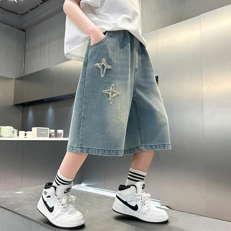 Boy Star Jeans 2025 Verano Nuevo Producto Moda Niños Denim Pantalones medios Pantalones cortos casuales para niños 5-15 años