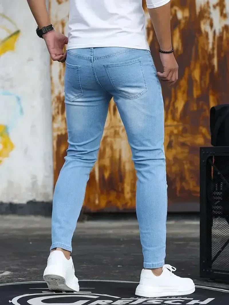 2025 primavera nuevos hombres Slim Fit clásico pantalones vaqueros ajustados Casual estilo callejero Casual hombres pantalones vaqueros ajustados hombre Slim Fit lápiz Denim azul