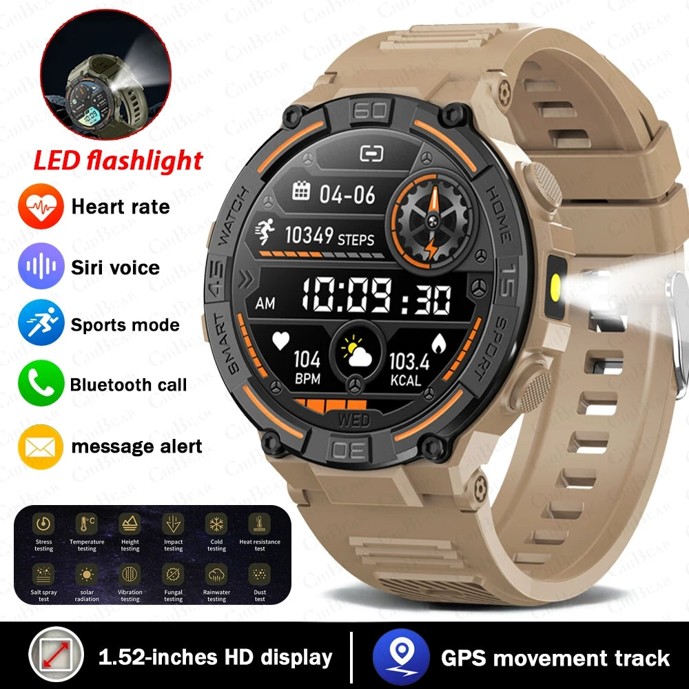 Reloj inteligente militar para hombre, dispositivo con pantalla HD de 360x360, linterna, control de la salud, resistente al agua, control del ritmo cardÃaco, llamadas BT, para Android e IOS