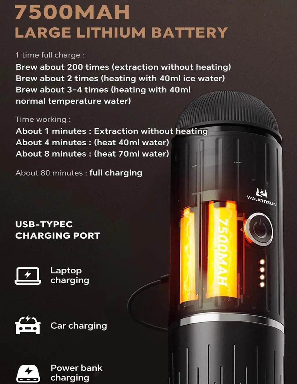 Cafetera Espresso portátil, cafetera eléctrica con autocalentamiento, alimentada por batería, presión de 19 Bar, cafetera con suelo