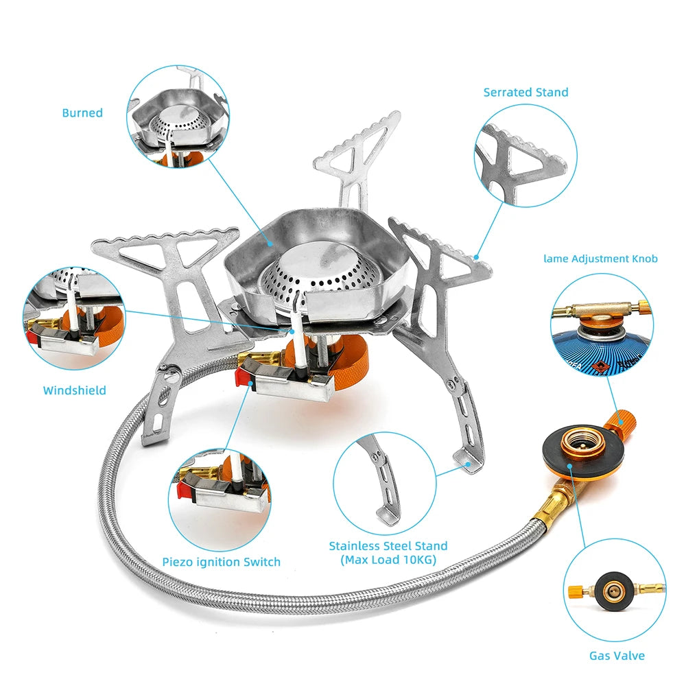 Estufa de Gas para acampar de 3500W, quemador de Gas para exteriores a prueba de viento, equipo turístico dividido plegable portátil para cocinar y hacer senderismo