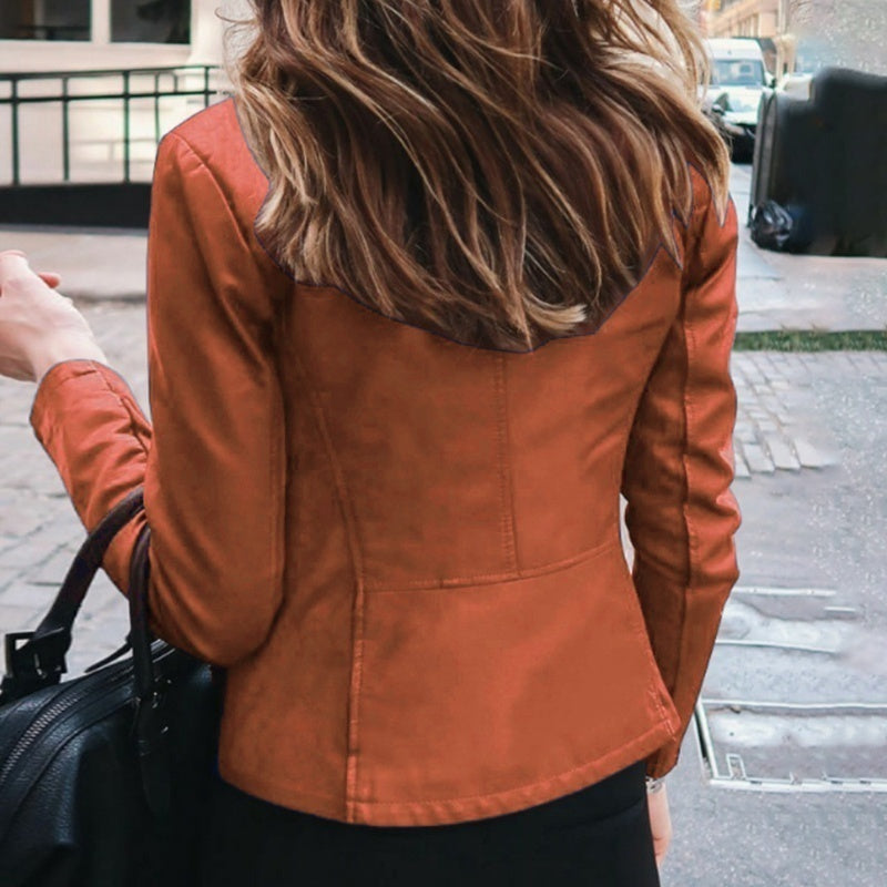 Chaqueta ajustada de piel sintética para mujer, chaqueta clásica de motociclista de PU, abrigo básico con cremallera para primavera y otoño