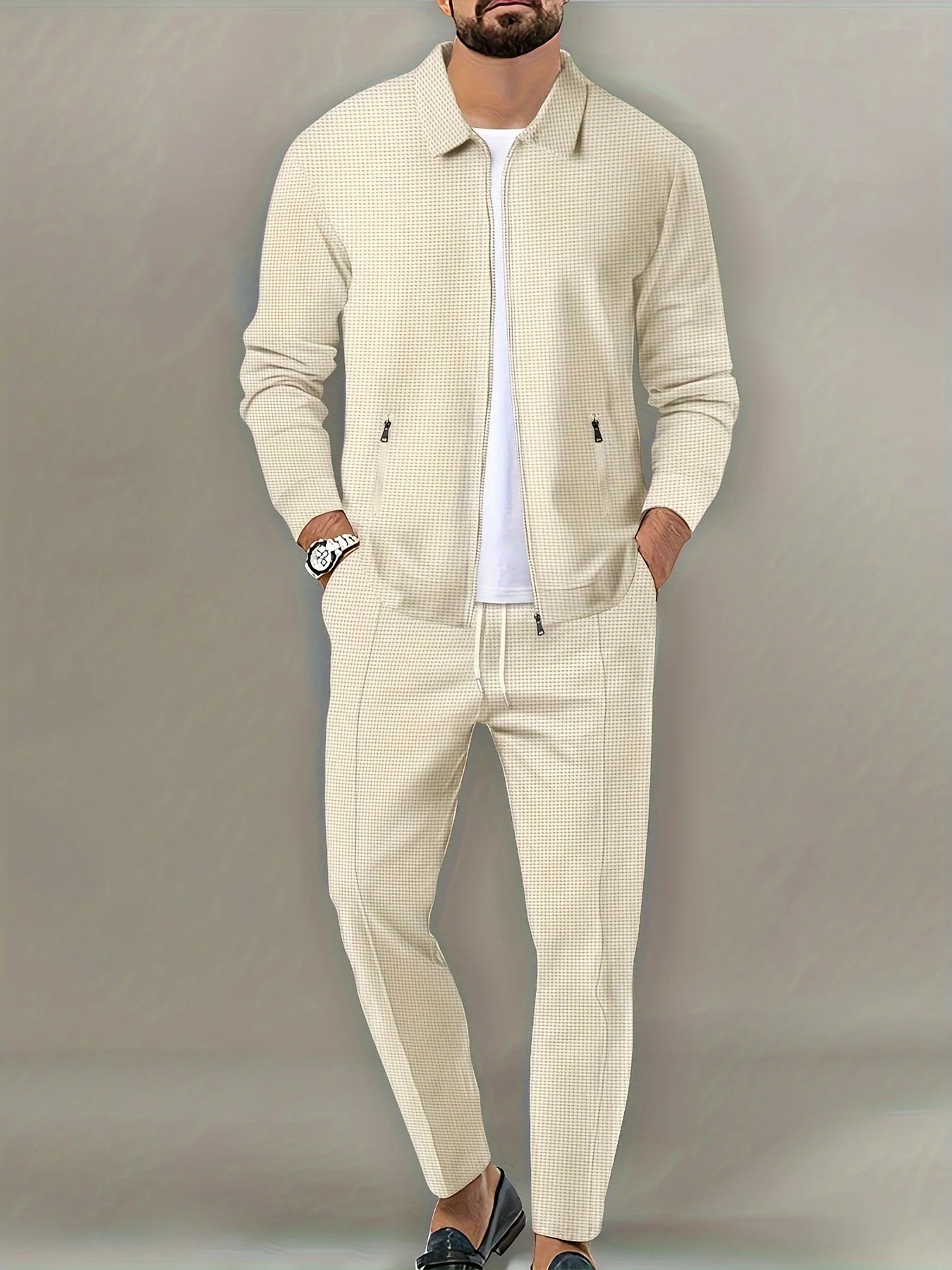 Chaqueta ajustada con bolsillo de cremallera para hombre, ropa deportiva de manga larga, conjunto de chaqueta de cárdigan, pantalones largos, elegante, conjunto de dos piezas