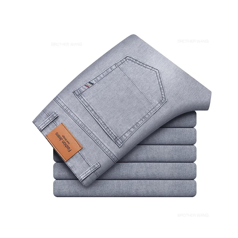 Pantalones vaqueros finos de algodón elástico para hombre, pantalón informal, recto, cómodo, color gris, a la moda, para verano
