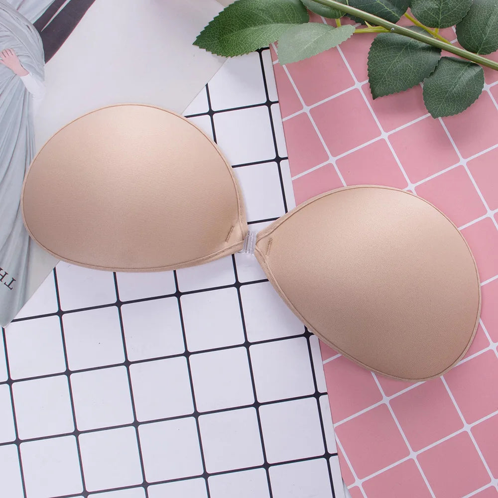 Sujetador Push Up Invisible para mujer, autoadhesivo de silicona, cierre frontal, piel negra pegajosa, sin espalda, sin tirantes, sin costuras