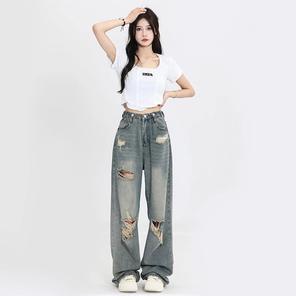 Vaqueros Retro americanos perforados con agujeros para mujer, pantalones de cintura alta con entrepierna recta, diseño holgado y delgado, pantalones de arrastre de pierna ancha con vibración de calle alta