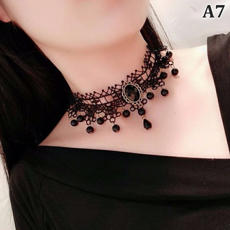 Nuevas gargantillas góticas sexis, gargantilla de cuello de encaje negro de cristal, collar Vintage victoriano para mujer, joyerÃa Steampunk