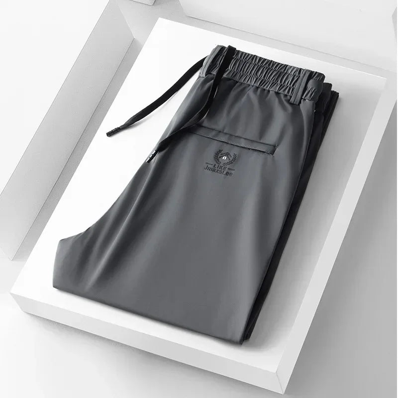 Pantalones informales finos de tela de seda de hielo suave para hombre, pantalón recto de estilo coreano, de alta elasticidad, marca de lujo, verano 2024