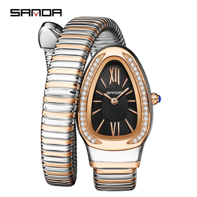 SANDA, superventas, 1151 reloj de mujer de gama alta con incrustaciones de diamantes en forma de serpiente, reloj de cuarzo de lujo ligero con temperamento Retro para mujer