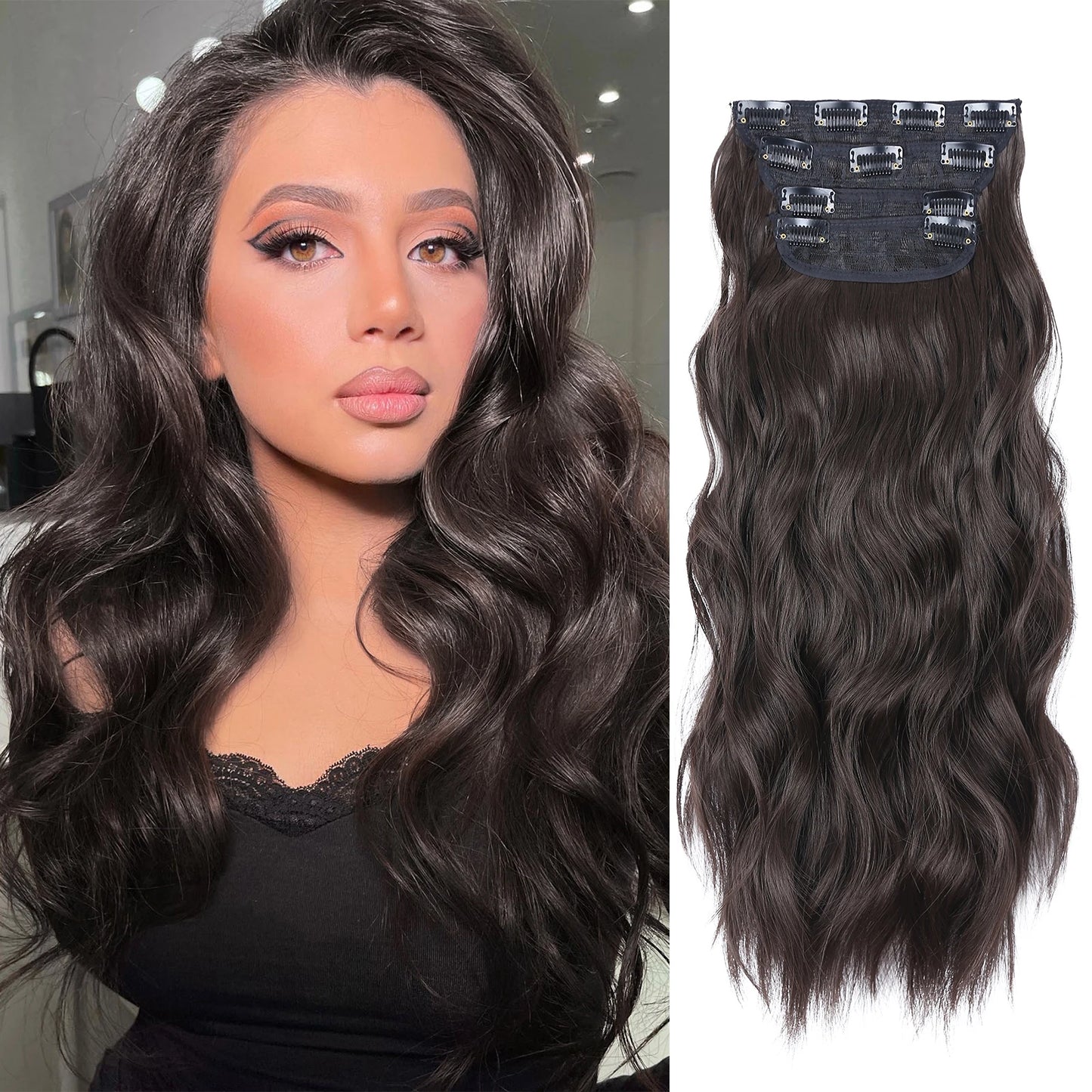 4 unids/set 20 pulgadas Clip de pelo sintético en postizos gruesos y largos ondulados para mujeres extensiones de cabello sintético de cabeza completa postizos ombré