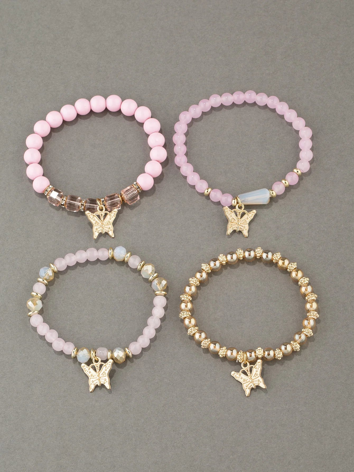 Conjunto de pulsera con cuentas de mariposa para mujer, brazalete de cadena elástica con cuentas acrÃlicas rosas, regalo de joyas de fiesta bohemia, 4 Uds.
