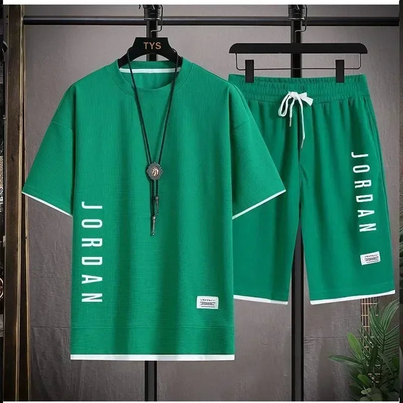 2025 Conjunto elegante de camiseta y pantalones cortos informales para hombre, traje deportivo, conjunto de gofres de verano suelto y cómodo para hombre