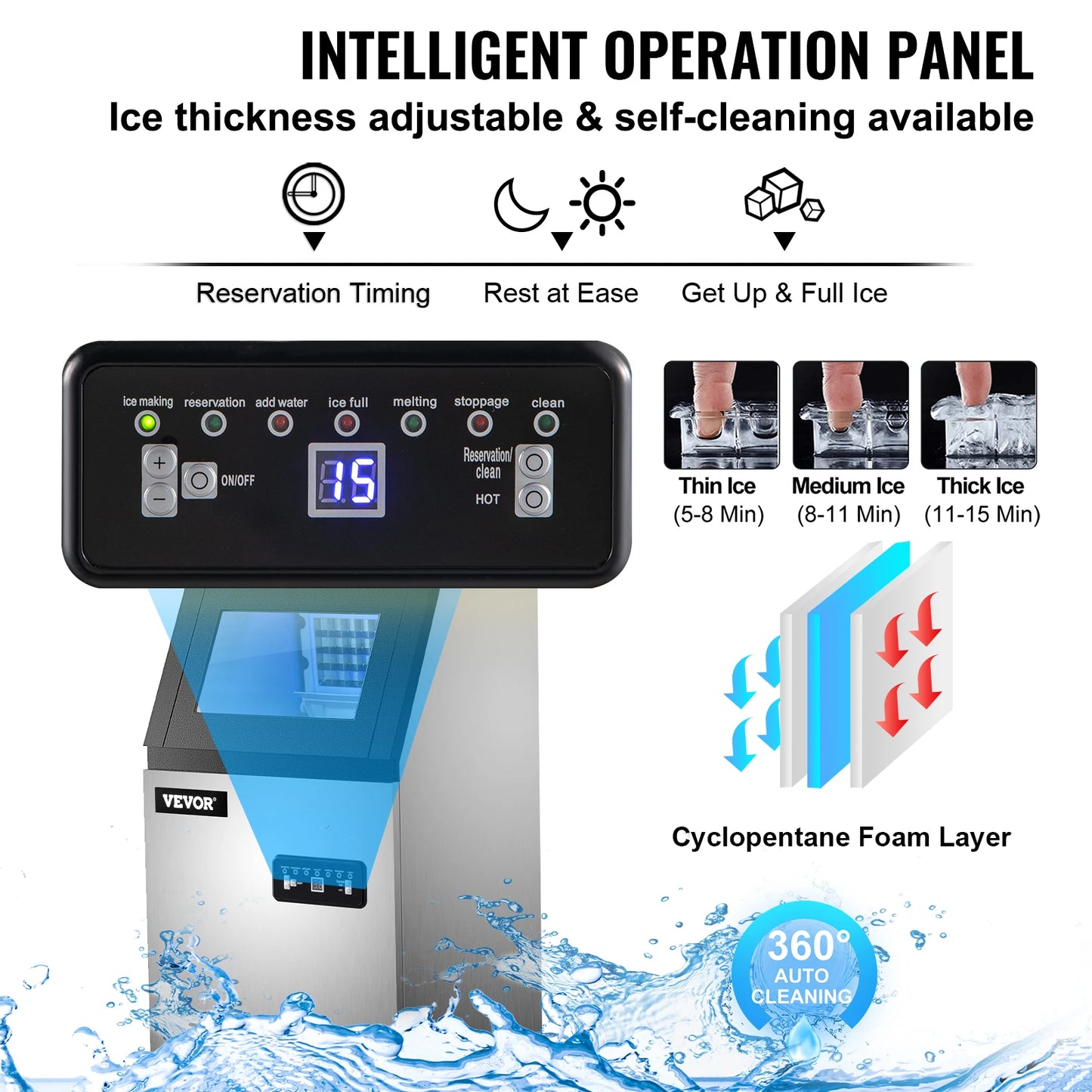 VEVOR Máquina para Hacer Hielo de Acero Inoxidable de Calidad Alimentaria, Trituradora de Máquina de Hielo Comercial, 280W, 68kg/24 horas, Panel de Control LCD Inteligente para Cafeterías y Bares