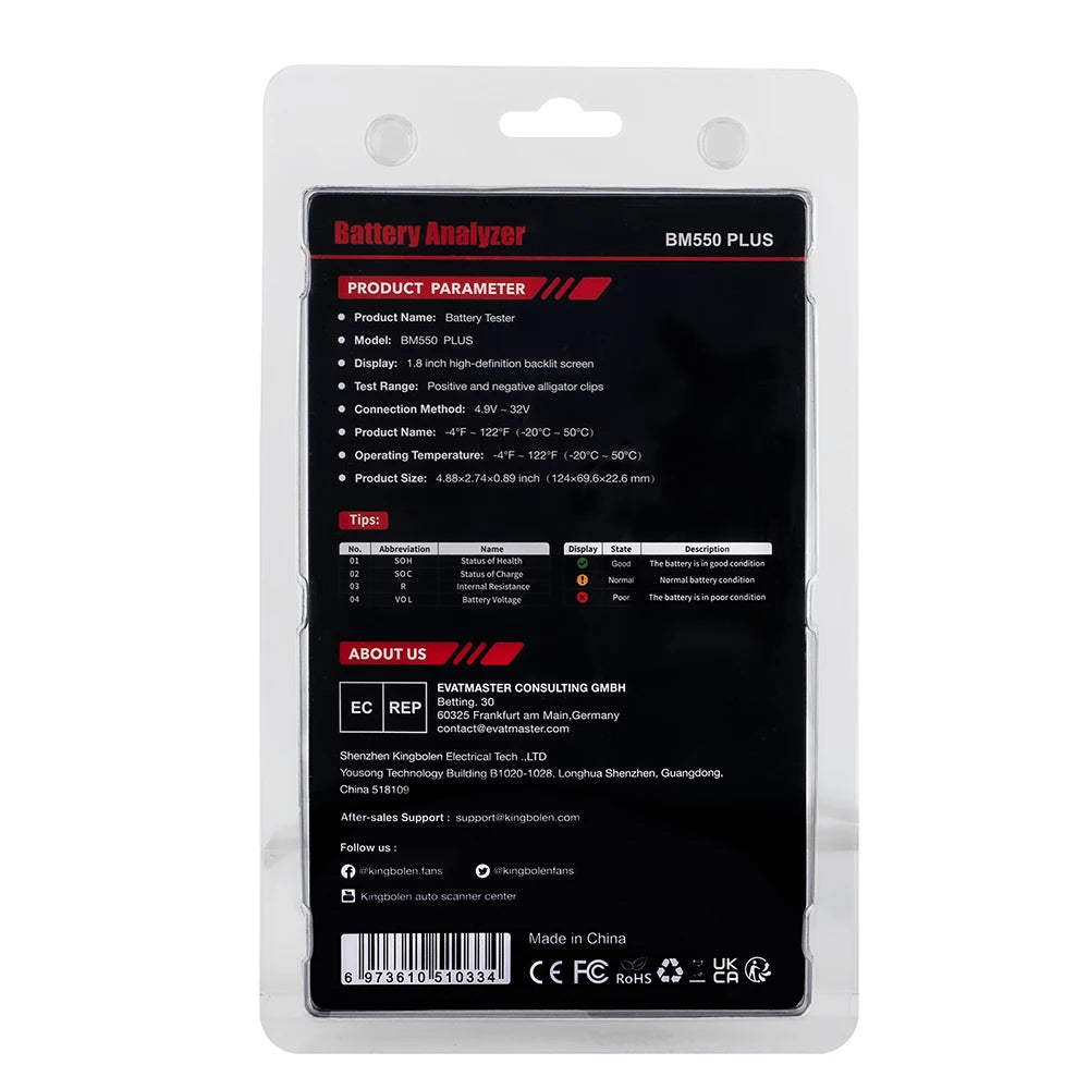 KINGBOLEN BM550, BM550 PLUS probador de baterÃa de coche 6V 12V 24V sistema de baterÃa detectar analizador de baterÃa automático herramienta de baterÃa de coche SOC SOH