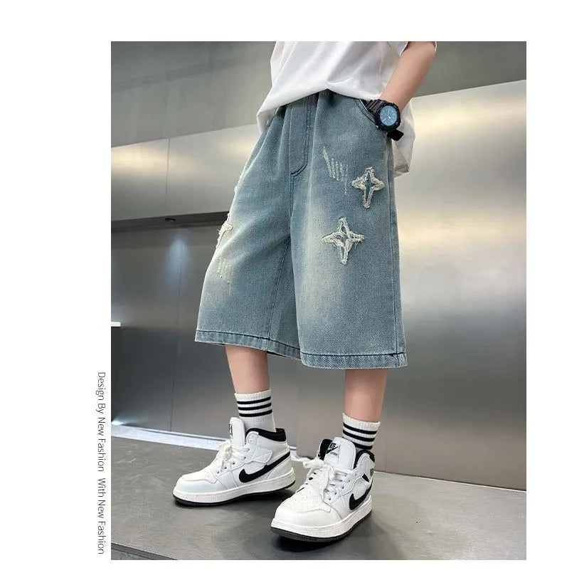 Boy Star Jeans 2025 Verano Nuevo Producto Moda Niños Denim Pantalones medios Pantalones cortos casuales para niños 5-15 años