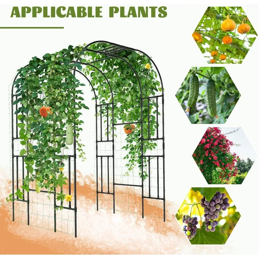 Enrejado alto de arco de jardín para plantas trepadoras, túnel de cenador de metal para exteriores - Acabado negro