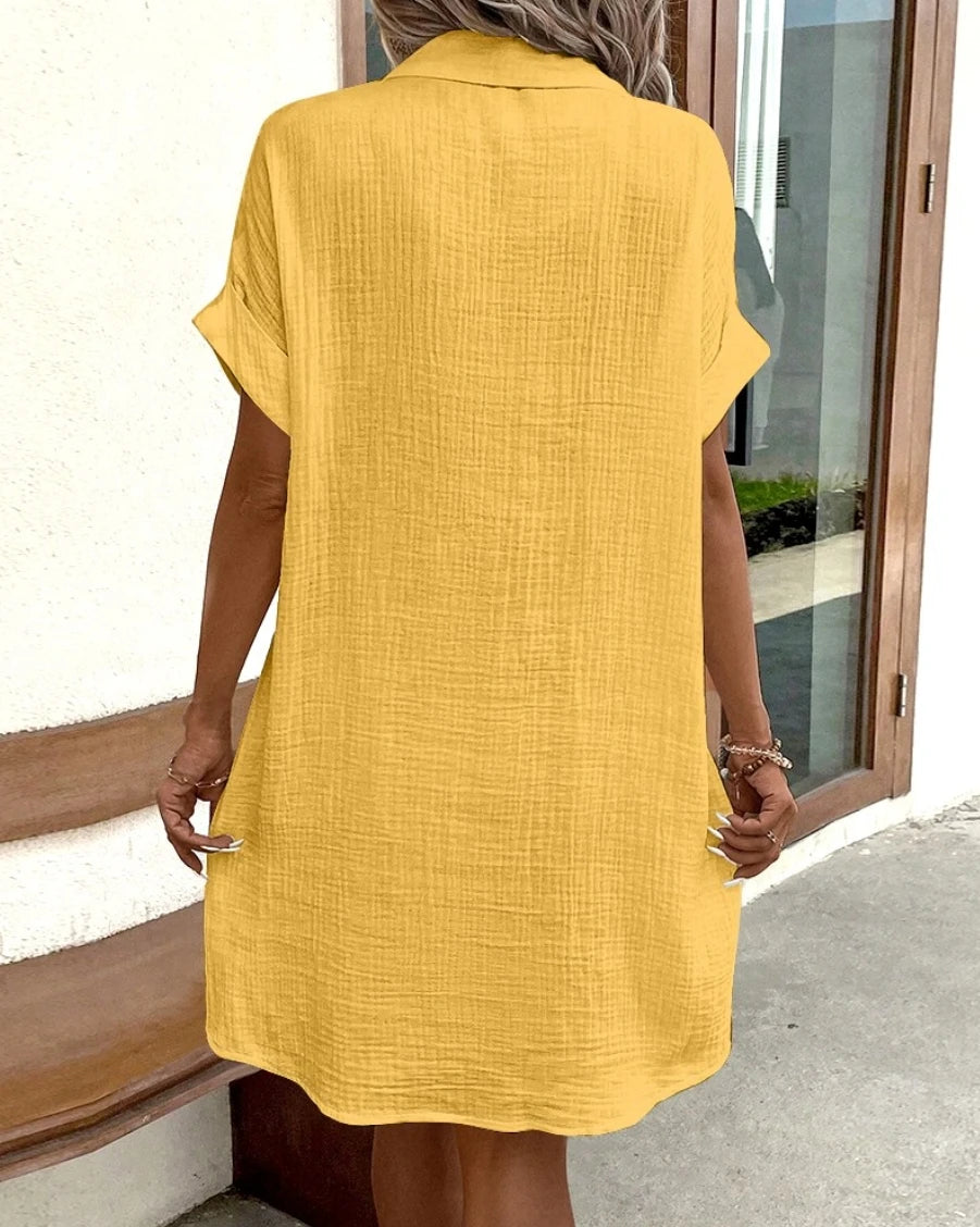 Minivestido Vintage liso para mujer, moda de verano con cuello en V, manga tres cuartos, vestido de lino y algodón, Vestidos informales para vacaciones