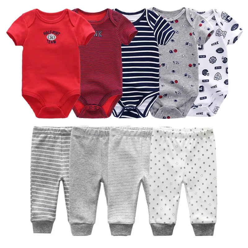 9 unids/lote monos Unisex para recién nacidos + pantalones conjuntos de ropa de algodón de dibujos animados ropa para bebé (niño o niña)