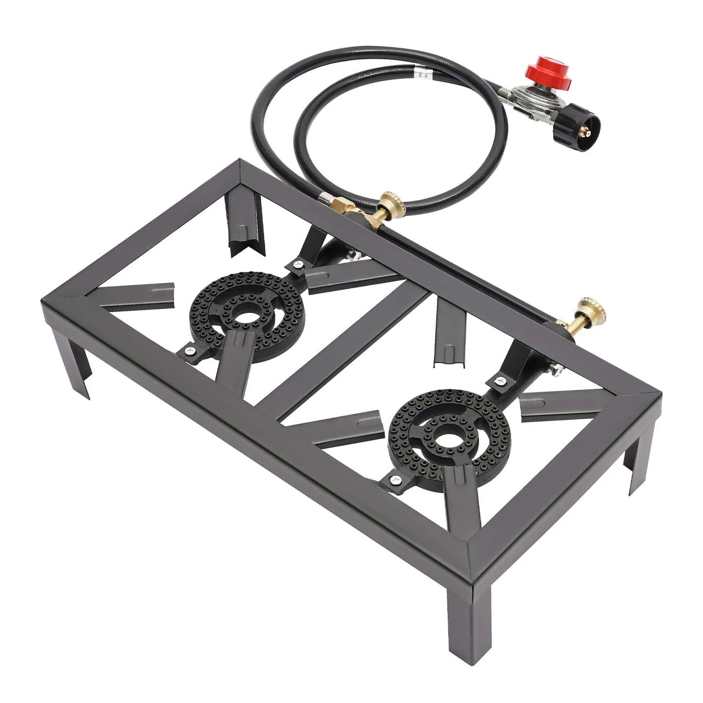 Estufa de gas propano doble para acampar y cocinar al aire libre con manguera reguladora, construcción de hierro duradera 0-10PSI