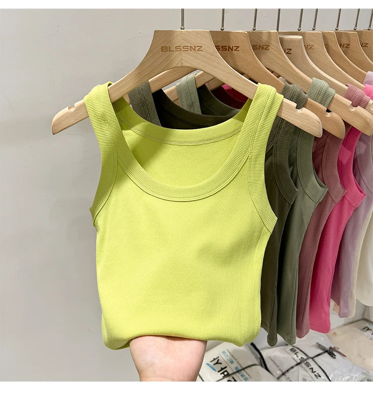 Zjaiss, camiseta sin mangas acanalada con cuello redondo liso para mujer, camisola para mujer, camiseta sin mangas elástica básica de verano 2025, camiseta sin mangas sólida con cuello redondo
