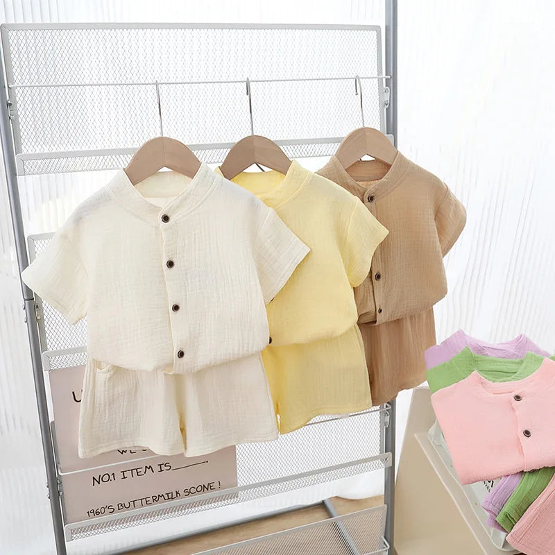 1 Juego de ropa de verano para niños y niñas, camisetas de algodón puro liso + pantalones cortos elásticos, ropa para niños, conjuntos de ropa informal para niños